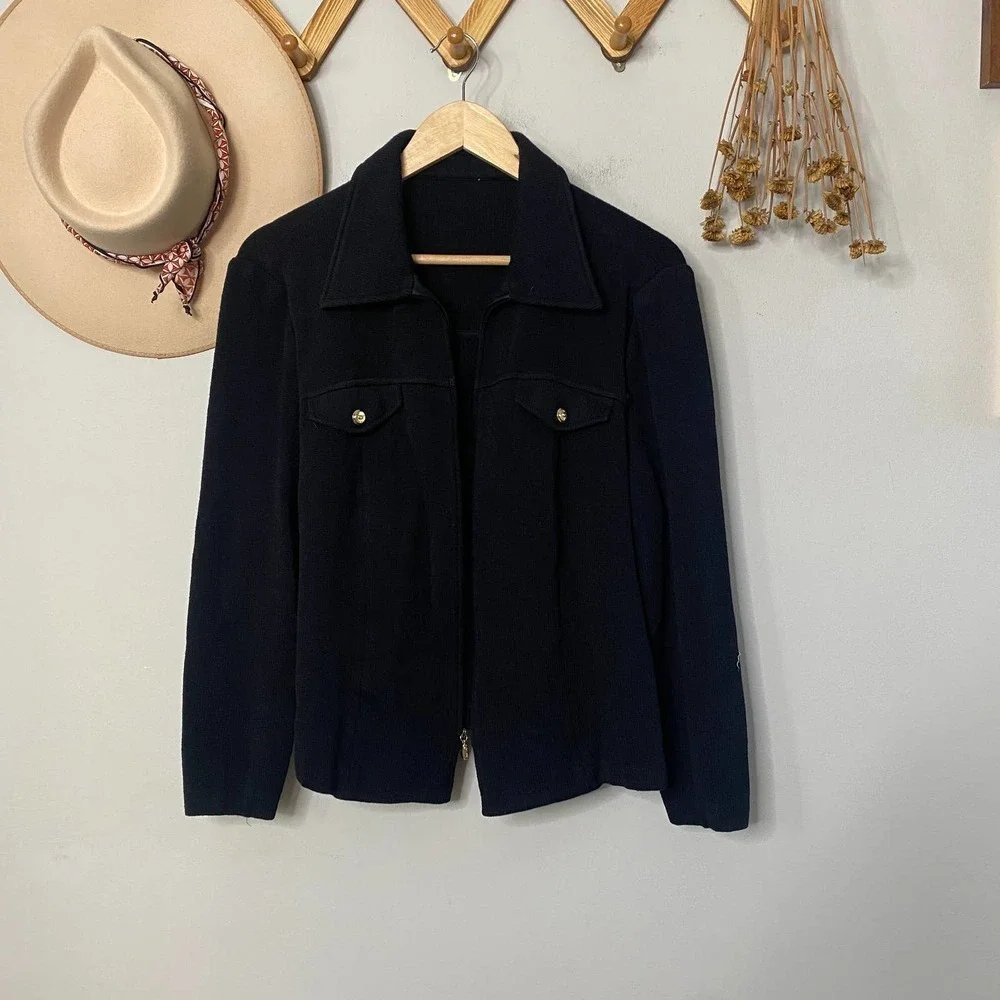 St. John Black Knit Full Zip Chest Pocket Sweater Jacket - Picture 2 of 4